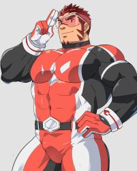Rule 34 | 1boy, absurdres, akashi (live a hero), bara, bodysuit, bulge, covered abs, covered navel, gradient hair, hand on own hip, highres, large pectorals, live a hero, long sideburns, male focus, multicolored hair, muscular, muscular male, pectorals, red bodysuit, red eyes, red hair, ruizu (takakisan503), salute, short hair, sideburns, skin tight, smile, solo, thick eyebrows, thick thighs, thighs, two-finger salute