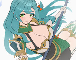 Rule 34 | 1girl, blue hair, blush, bow, breasts, chloe (fire emblem), cleavage, commentary, fire emblem, fire emblem engage, from side, garter straps, gonzarez, green eyes, hair bow, highres, holding, holding staff, large breasts, long hair, looking at viewer, looking to the side, nintendo, perspective, smile, solo, staff, thighhighs