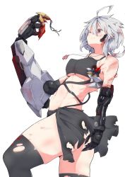 Rule 34 | 1girl, ahoge, black skirt, blood, breasts, covered erect nipples, cuts, damaged, gundam, gundam barbatos, gundam barbatos lupus, gundam tekketsu no orphans, highres, injury, jewelry, mecha musume, mechanical arms, medium breasts, necklace, one eye closed, open hand, personification, shigure1213, short hair, silver hair, skindentation, skirt, smile, solo, torn clothes, torn legwear, torn skirt, underboob, white background