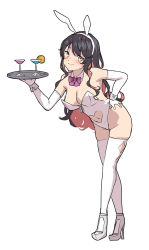 Rule 34 | 1girl, alternate costume, animal ears, black hair, bow, bowtie, breasts, cocktail glass, cup, detached collar, drinking glass, elbow gloves, fake animal ears, full body, gloves, grey thighhighs, hairband, hand on own hip, high heels, highres, holding, holding tray, kantai collection, leotard, long hair, looking at viewer, multicolored hair, naganami (kancolle), pink hair, playboy bunny, rabbit ears, rabbit tail, satsuki neko, simple background, solo, standing, strapless, tail, thighhighs, tray, two-tone hair, white background, white gloves, white thighhighs