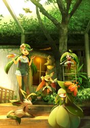 Rule 34 | 1girl, :d, bare arms, bare legs, bare shoulders, blue shorts, blush, breasts, collarbone, commentary request, creatures (company), dark skin, day, fence, flower, flying, food, game freak, gen 4 pokemon, gen 5 pokemon, gen 6 pokemon, gen 7 pokemon, green eyes, green footwear, green hair, hair flower, hair ornament, hand up, hands up, highres, holding, holding plate, ladder, leaf, leafeon, lilligant, long hair, looking at another, low twintails, lurantis, mallow (pokemon), nintendo, no legwear, open mouth, outdoors, overalls, own hands together, pancake, pink flower, pink shirt, plant, plate, pokemon, pokemon (creature), pokemon sm, potted plant, pumpkaboo, ribero, rowlet, shirt, shoes, short shorts, shorts, signature, sitting, sleeveless, small breasts, smile, stairs, standing, steenee, swept bangs, syrup, tree, twintails, undershirt, very long hair, window, wooden fence, wooden floor