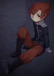 Rule 34 | 1boy, against wall, arm support, belt, black footwear, black jacket, claus (mother 3), closed mouth, gloves, grey background, highres, jacket, knee up, looking ahead, male focus, mother (game), mother 3, nintendo, pants, pink eyes, red hair, red pants, shifumame, short hair, sitting, solo, white gloves, zipper