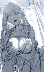 Rule 34 | 1girl, blue archive, breasts, curtains, girl on top, grabbing, grabbing another&#039;s breast, hair ornament, hairclip, halo, hand on another&#039;s arm, hews, highres, large breasts, long hair, long sleeves, monochrome, rio (blue archive), sweater, turtleneck, unfinished