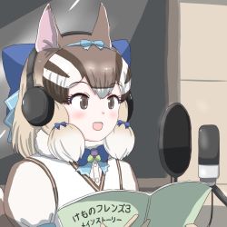 Rule 34 | 1girl, animal costume, animal ear fluff, animal ears, bow, bowtie, brown eyes, brown hair, chipmunk costume, chipmunk ears, chipmunk girl, chipmunk tail, extra ears, gloves, headphones, kemono friends, kemono friends v project, microphone, mukouyama mu, multicolored hair, open mouth, ribbon, scarf, shirt, short hair, siberian chipmunk (kemono friends), solo, vest, virtual youtuber, white hair