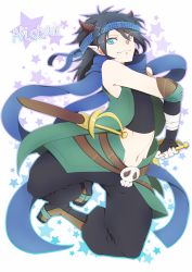 Rule 34 | 1boy, alistair (re:alistair), black hair, black pants, blue eyes, blue headband, blue scarf, brown horns, character name, elbow pads, erumi-on, fang, full body, headband, horns, long hair, looking at viewer, male focus, navel, pants, pointy ears, re:alistair, scarf, sheath, sheathed, shin guards, simple background, smile, solo, star (symbol), sword, weapon