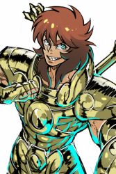Rule 34 | 1boy, armor, blue eyes, brown hair, clenched hand, cowboy shot, fingerless gloves, gloves, gold armor, gold saint, grin, hand on own chest, highres, libra douko, long hair, looking at viewer, male focus, mullet, saint seiya, simple background, smile, solo, thick eyebrows, torawar, white background