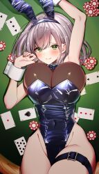 Rule 34 | 1girl, animal ears, arm up, bare hips, bare shoulders, belt, black leotard, blush, bodystocking, bow, bowtie, breasts, card, cleavage, closed mouth, covered erect nipples, covered navel, cowboy shot, detached collar, double-parted bangs, fake animal ears, green eyes, grey hair, highleg, highleg leotard, highres, hololive, impossible bodystocking, large breasts, leonis g, leotard, looking at viewer, lying, medium hair, on back, on table, playboy bunny, playing card, poker chip, rabbit ears, red nails, see-through, see-through cleavage, shiny clothes, shirogane noel, smile, solo, strapless, strapless leotard, table, thigh belt, thigh strap, virtual youtuber, wide hips, wrist cuffs