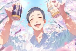 Rule 34 | 1boy, asahi breweries, beer can, blurry, blurry background, blurry foreground, can, cherry blossoms, closed mouth, collared shirt, day, drink can, facing viewer, falling petals, fingernails, grey hair, hands up, highres, holding, holding can, light blush, male focus, nijisanji, open mouth, outdoors, petals, shirt, short hair, smile, solo, teeth, tonegawa ribu, upper body, upper teeth only, very short hair, virtual youtuber, white shirt, yashiro kizuku