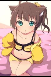 Rule 34 | 1girl, :o, ahoge, animal ear fluff, animal ears, bare shoulders, blue eyes, blush, breasts, breasts apart, brown hair, cat ears, collarbone, commentary request, from above, hair ornament, hair scrunchie, highres, hololive, indoors, jacket, kemonomimi mode, long sleeves, looking at viewer, midriff, natsuiro matsuri, natsuiro matsuri (matsuri&#039;s day off), navel, off shoulder, okota mikan, on bed, open clothes, open jacket, parted lips, room, scrunchie, short shorts, shorts, side ponytail, sitting, sleeves past fingers, sleeves past wrists, small breasts, solo, thighs, virtual youtuber, yellow jacket, yellow scrunchie, yellow shorts