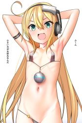 Rule 34 | + +, 1girl, :d, albacore (azur lane), armpits, arms behind head, azur lane, bikini, blonde hair, blush, breasts, collarbone, commentary request, covered erect nipples, fang, green eyes, groin, hair between eyes, headphones, kanzaki muyu, long hair, looking at viewer, micro bikini, navel, open mouth, small breasts, smile, solo, swimsuit, translation request, very long hair, wristband