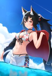 Rule 34 | 1girl, absurdres, animal collar, animal ears, ball, beachball, bikini, bikini under clothes, black collar, black hair, black jacket, collar, flipped hair, front-tie bikini top, front-tie top, hair ornament, hairclip, halterneck, highres, holding, holding ball, hololive, honome sui, jacket, light blush, long hair, looking at viewer, multicolored hair, ocean, ookami mio, ookami mio (hololive summer 2019), parted lips, ponytail, red hair, shorts, side-tie bikini bottom, solo, streaked hair, string bikini, summer, surprised, swimsuit, tail, tail around own leg, tail wrap, very long hair, virtual youtuber, wading, white bikini, white shorts, wolf ears, wolf girl, wolf tail, yellow eyes