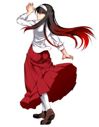 Rule 34 | 1girl, ass, bad id, bad tinami id, black hair, blouse, brown footwear, closed mouth, from behind, funnyari, gradient hair, hairband, loafers, long hair, long skirt, long sleeves, looking at viewer, looking back, melty blood, multicolored hair, pleated skirt, red eyes, red hair, red skirt, shirt, shoes, skirt, solo, standing, tohno akiha, tsukihime, white hairband, white legwear, white shirt