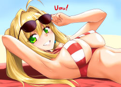 Rule 34 | 10s, 1girl, :d, adjusting eyewear, ahoge, arm behind head, armpits, bare arms, bare shoulders, beach towel, bikini, blonde hair, blue sky, breasts, cleavage, collarbone, commentary request, covered erect nipples, criss-cross halter, day, earrings, eyelashes, eyewear on head, fate/extra, fate/grand order, fate (series), fingernails, from side, green eyes, grin, hair between eyes, hair intakes, halterneck, hand on eyewear, hands up, jewelry, large breasts, long fingernails, long hair, looking at viewer, lying, marugoshi (54burger), medium breasts, navel, nero claudius (fate), nero claudius (fate) (all), nero claudius (swimsuit caster) (fate), on back, open mouth, outdoors, shiny skin, sidelocks, sky, smile, solo, stomach, striped bikini, striped clothes, sunglasses, swimsuit, teeth, towel, twintails, underboob
