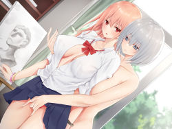 Rule 34 | 2girls, bad id, bad pixiv id, bangle, blue skirt, blush, bow, bracelet, breasts, breasts apart, brown hair, canvas (object), closed mouth, clothed female nude female, clothes lift, collarbone, collared shirt, commentary request, covered erect nipples, dress shirt, dutch angle, fingering, grey eyes, grey hair, hair between eyes, indoors, jewelry, long hair, medium breasts, multiple girls, no bra, nude, open clothes, open shirt, original, painting (object), panties, partially unbuttoned, piripun, pleated skirt, red bow, red eyes, red panties, shirt, short hair, short sleeves, skirt, skirt lift, smile, underwear, v-shaped eyebrows, white shirt, window, yuri
