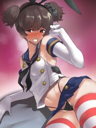 1girl alisa_(girls_und_panzer) black_eyes black_hairband black_neckerchief black_panties black_scrunchie blue_sailor_collar blue_skirt blush brown_eyes clenched_teeth commentary_request cosplay crop_top elbow_gloves girls_und_panzer gloves hair_ornament hair_scrunchie hairband highleg highleg_panties kantai_collection lying microskirt miniskirt navel neckerchief nose_blush on_side panties pleated_skirt purple_background sailor_collar sasaki_tatsuya scrunchie shimakaze_(kancolle) shimakaze_(kancolle)_(cosplay) shirt short_hair skirt sleeveless sleeveless_shirt solo steaming_body striped_clothes striped_thighhighs teeth thighhighs twintails underwear white_gloves