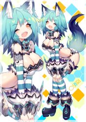 Rule 34 | 1girl, animal ear fluff, animal ears, bare shoulders, blue hair, blush, breasts, cleavage, detached sleeves, fang, highres, leaning forward, looking at viewer, mamuru, multicolored hair, multiple views, one eye closed, open mouth, original, short hair, smile, standing, striped clothes, striped thighhighs, tail, thighhighs, yellow eyes