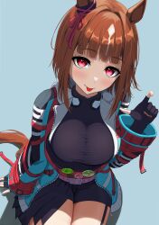 Rule 34 | 1girl, absurdres, animal ears, arm up, azuki (azuki azukki), badge, black gloves, black shirt, blush, breasts, brown hair, button badge, closed mouth, coat, ear ornament, fanny pack, fingerless gloves, gloves, headphones, headphones around neck, highres, horse ears, horse girl, large breasts, long sleeves, looking at viewer, off shoulder, red eyes, shirt, short hair, simple background, smile, solo, transcend (umamusume), umamusume, upper body, white background