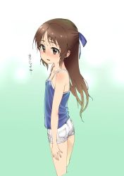 Rule 34 | 1girl, ass, blue camisole, bow, brown eyes, brown hair, camisole, flat chest, from side, gengorou, hair bow, highres, idolmaster, idolmaster cinderella girls, long hair, ribbon, short shorts, shorts, simple background, solo, tachibana arisu, white background, white shorts