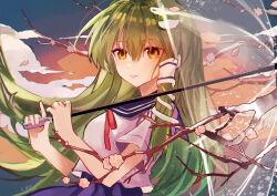 1girl absurdres alternate_costume blue_sailor_collar blue_skirt branch breasts cherry_blossoms commentary_request falling_petals floating_hair frog_hair_ornament green_hair hair_ornament hair_tubes highres holding holding_umbrella kochiya_sanae long_hair parted_lips petals pink_petals pleated_skirt red_ribbon ribbon rivergod sailor_collar school_uniform serafuku shirt short_hair short_sleeves single_hair_tube single_sidelock skirt snake_hair_ornament solo touhou transparent transparent_umbrella umbrella upper_body very_long_hair white_shirt