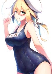 Rule 34 | 1girl, ahoge, aqua eyes, beize (garbage), blonde hair, blush, breasts, cowboy shot, glasses, hair ribbon, hat, i-8 (kancolle), kantai collection, large breasts, long hair, looking at viewer, low twintails, name tag, one-piece swimsuit, peaked cap, red-framed eyewear, ribbon, sailor hat, school swimsuit, simple background, smile, solo, swimsuit, twintails, white background, white ribbon