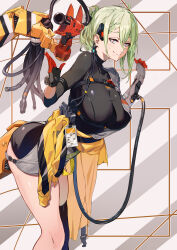 Rule 34 | 1girl, absurdres, ahoge, black bodysuit, black thighhighs, bodysuit, braid, breasts, cable, clothes around waist, cross-shaped pupils, de lacey (neural cloud), french braid, girls&#039; frontline, girls&#039; frontline neural cloud, gloves, green hair, hand up, highres, ibaraki shun, id card, large breasts, leaning forward, mechanical arms, mechanical tail, mole, mole under mouth, multicolored eyes, shorts, single mechanical arm, single thighhigh, smile, solo, symbol-shaped pupils, tail, thighhighs, updo