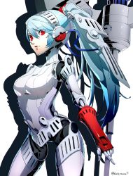 Rule 34 | 1girl, android, blue hair, breasts, cowboy shot, datcravat, hair between eyes, highres, joints, labrys (persona), long hair, mechanical arms, mechanical parts, parted lips, persona, persona 4: the ultimate in mayonaka arena, red eyes, robot, robot joints, simple background, solo, standing, twitter username, very long hair, white background