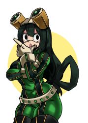 Rule 34 | 1girl, asui tsuyu, belt, black eyes, bodysuit, boku no hero academia, boots, bow-shaped hair, breasts, brown gloves, facepaint, frog girl, gloves, goggles, goggles on head, green bodysuit, green hair, hair rings, hand on own chin, highres, large breasts, long hair, low-tied long hair, solo, stroking own chin, thick thighs, thigh boots, thighhighs, thighs, very long hair, zanamaoria