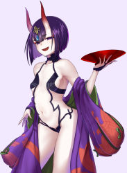 Rule 34 | 1girl, bare shoulders, blush, bob cut, breasts, bridal gauntlets, collarbone, cup, eyeliner, fangs, fate/grand order, fate (series), haiiro gundan, headpiece, highres, horns, japanese clothes, kimono, long sleeves, looking at viewer, makeup, off shoulder, oni, open clothes, open kimono, open mouth, purple eyes, purple hair, purple kimono, revealing clothes, sakazuki, short eyebrows, short hair, shuten douji (fate), simple background, skin-covered horns, small breasts, smile, solo, thighs, white background, wide sleeves