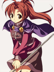 Rule 34 | 1girl, :o, ahoge, bad id, bad pixiv id, brown eyes, brown skirt, cape, golden sun, hair between eyes, hair intakes, higeka, holding, holding staff, jenna (golden sun), long hair, long sleeves, ponytail, puffy long sleeves, puffy sleeves, purple cape, red hair, simple background, skirt, solo, staff, v arms, white background