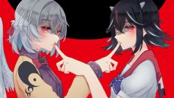 Rule 34 | 2girls, angel wings, arrow print, black hair, bow, bowtie, braid, commentary request, cone horns, dress, eyelashes, finger to another&#039;s mouth, french braid, grey horns, hair ribbon, horns, identity (vocaloid), jacket, kijin seija, kishin sagume, lips, long sleeves, looking at viewer, multicolored hair, multiple girls, nail polish, open clothes, open jacket, puffy short sleeves, puffy sleeves, purple dress, red background, red bow, red bowtie, red eyes, red hair, red nails, red ribbon, ribbon, sailor collar, sakikagami, short hair, short sleeves, sidelocks, silver hair, simple background, streaked hair, touhou, vocaloid, wings