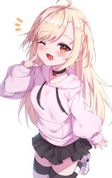 Rule 34 | 1girl, ;d, absurdres, ahoge, black choker, black skirt, blonde hair, blush, choker, commentary request, drawstring, hand up, highres, hood, hood down, hoodie, long hair, long sleeves, looking at viewer, masaki (msk064), nanami naru (vtuber), notice lines, one eye closed, one side up, open mouth, pink hoodie, pleated skirt, puffy long sleeves, puffy sleeves, red eyes, simple background, skirt, sleeves past wrists, smile, solo, striped clothes, striped thighhighs, swept bangs, thighhighs, vd.c/v dimension.creator, very long hair, virtual youtuber, white background, white footwear