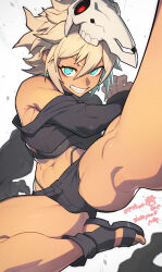Rule 34 | 1girl, abs, aqua eyes, black footwear, black shorts, blonde hair, clenched teeth, colored inner hair, copyright request, green hair, hata4564, highres, looking at viewer, midriff, multicolored hair, navel, short hair, short shorts, shorts, skull, smile, solo, teeth, thighs, toes