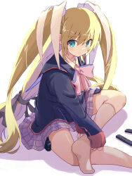 Rule 34 | 1girl, akayama yukihe, aqua eyes, between legs, black jacket, blonde hair, blush, bow, closed mouth, commentary request, expressionless, eyes visible through hair, feet out of frame, grey skirt, hair between eyes, hair ribbon, hand between legs, highres, indian style, jacket, little busters!, long hair, long sleeves, looking at viewer, miniskirt, no shoes, pink bow, pleated skirt, ribbon, school uniform, shiny skin, sidelighting, simple background, sitting, skirt, socks, solo, straight hair, tokido saya, very long hair, white background, white ribbon, white socks