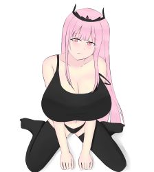 Rule 34 | 1girl, bad id, bad pixiv id, black panties, black thighhighs, blush, breasts, cleavage, collarbone, estherelaitea, hair ornament, hands on ground, highres, hololive, hololive english, huge breasts, kneeling, long hair, looking at viewer, mori calliope, navel, panties, pink eyes, pink hair, simple background, sitting, solo, tank top, thighhighs, tiara, underwear, virtual youtuber, wariza, white background