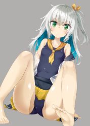 Rule 34 | 1girl, barefoot, blue hair, blue one-piece swimsuit, blush, bow, collarbone, colored inner hair, commentary request, covered navel, eyes visible through hair, feet, green eyes, grey background, hair bow, hair ornament, kavka, long hair, looking at viewer, multicolored hair, neckerchief, off shoulder, one-piece swimsuit, open clothes, open shirt, original, school swimsuit, shirt, silver hair, simple background, sitting, solo, swimsuit, swimsuit under clothes, two-sided fabric, two-sided skirt, two-tone hair, white shirt, yellow bow, yellow neckerchief