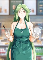 Rule 34 | 1girl, alternate eye color, apron, automatic giraffe, bare shoulders, barista, blush, breasts, cleavage, collarbone, cup, disposable cup, female focus, green apron, green hair, holding, holding cup, iced latte with breast milk (meme), jewelry, kid icarus, large breasts, long hair, looking at viewer, meme, naked apron, nintendo, palutena, red eyes, smile, solo, starbucks, super smash bros.