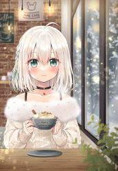Rule 34 | 1girl, ahoge, bare shoulders, black choker, blue bow, blue hair, blurry, blurry background, blush, bow, braid, brick wall, choker, closed mouth, collarbone, commentary request, cup, depth of field, fur-trimmed shirt, fur trim, green eyes, hair between eyes, hair bow, heart, heart necklace, highres, holding, holding cup, indoors, jewelry, long sleeves, multicolored hair, necklace, off-shoulder shirt, off shoulder, original, puffy long sleeves, puffy sleeves, sato ame, shelf, shirt, single braid, sleeves past wrists, smile, snow, solo, streaked hair, table, upper body, white hair, white shirt, window