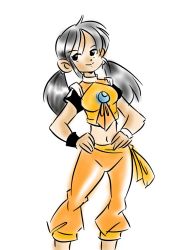 Rule 34 | 1girl, black eyes, breasts, erik96, hands on own hips, highres, long hair, looking to the side, low twintails, medium breasts, midriff, navel, pants, shirt, short sleeves, silver hair, smile, standing, twintails, white background, wristband, yellow pants, yellow shirt
