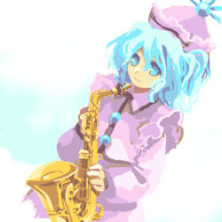 Rule 34 | 1girl, blue eyes, blue hair, buttons, closed mouth, collared shirt, commentary request, dutch angle, flat chest, frills, hair between eyes, hat, highres, holding, holding instrument, instrument, kaigen 1025, long sleeves, medium hair, merlin prismriver, pink hat, pink shirt, pink skirt, pink vest, saxophone, shirt, skirt, smile, solo, touhou, vest