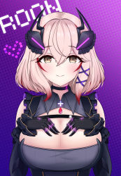 Rule 34 | 1girl, absurdres, azur lane, black choker, black gloves, blonde hair, breasts, character name, choker, cleavage, colored tips, cross, elbow gloves, frills, gloves, hair ornament, hands on own chest, heart, highres, littlechim, multicolored hair, roon (azur lane), roon (muse) (azur lane), smile, solo, yellow eyes