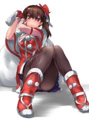 Rule 34 | 1girl, arm support, black pantyhose, blue skirt, blush, boots, bow, brown eyes, brown hair, capelet, christmas, closed mouth, commentary request, dress, frown, gloves, hair bow, holding, holding sack, kaga (kancolle), kantai collection, looking at viewer, medium hair, over shoulder, panties, panties under pantyhose, pantyhose, pantyshot, pleated skirt, red bow, red dress, red footwear, red gloves, sack, santa boots, santa dress, santa gloves, shadow, short dress, simple background, sitting, skirt, solo, strapless, strapless dress, tadano magu, underwear, upskirt, white background, white capelet, white panties