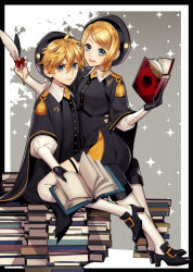 Rule 34 | 1boy, 1girl, :d, black capelet, black footwear, black gloves, black hat, black pants, black skirt, blonde hair, blue eyes, book, brother and sister, capelet, feathers, girl on top, gloves, hair between eyes, hair ornament, hairclip, hat, holding, holding feather, kagamine len, kagamine rin, looking at viewer, military, military uniform, miniskirt, necktie, open book, open mouth, pants, parted bangs, short hair, siblings, sitting, sitting on person, skirt, smile, suzunosuke (sagula), thigh strap, uniform, vocaloid, white legwear, yellow neckwear