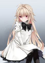 Rule 34 | 1girl, absurdres, aged down, antenna hair, arcueid brunestud, black bow, black pantyhose, blonde hair, bow, bowtie, buttons, closed mouth, commentary request, dress, frilled skirt, frills, hair between eyes, highres, juliet sleeves, long hair, long sleeves, looking at viewer, mtmosphere, pantyhose, puffy sleeves, red eyes, sidelocks, single hair intake, sitting, skirt, solo, tsukihime, tsukihime (remake), very long hair, white dress