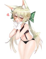 Rule 34 | 1girl, :d, animal ear fluff, animal ears, art556 (girls&#039; frontline), bad id, bad pixiv id, bare shoulders, black bra, black panties, blush, bow, bra, braid, brazil, brown eyes, commentary request, dokomon, fang, girls&#039; frontline, gloves, green bow, green hair, hair between eyes, hair bow, hands up, heart, highres, korean commentary, long hair, looking at viewer, low twintails, navel, open mouth, panties, simple background, smile, solo, twintails, underwear, very long hair, white background, white gloves