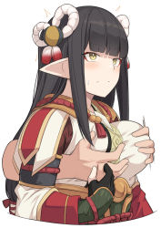 Rule 34 | 1girl, black gloves, black hair, blunt bangs, blush, grabbing another&#039;s breast, breasts, eyeshadow, fingerless gloves, gloves, grabbing, grabbing from behind, hair ornament, hime cut, japanese clothes, jewelry, kimono, large breasts, long hair, long sleeves, makeup, minoto, monster hunter (series), monster hunter rise, necklace, obi, pointy ears, red eyeshadow, sash, shiseki hirame, sidelocks, simple background, solo focus, white background, white kimono, wide sleeves, yellow eyes