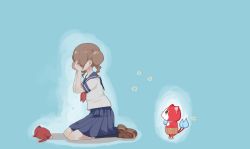 Rule 34 | 10s, 1girl, akamaru (youkai watch), blue background, blue skirt, brown hair, cat, crying, death, dual persona, emi-chan, hands on own face, jibanyan, multiple tails, notched ear, pleated skirt, school uniform, serafuku, simple background, sitting, skirt, standing, tail, tears, traditional youkai, two tails, xoxoc, youkai watch