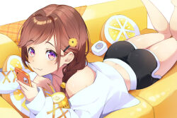 Rule 34 | 1girl, bare legs, black shorts, brown hair, cellphone, character request, closed mouth, dolphin shorts, dosei, fang, fang out, flower, hair flower, hair ornament, hairclip, highres, holding, holding phone, legs up, long hair, long sleeves, loungewear, lying, off-shoulder shirt, off shoulder, on stomach, phone, red eyes, shirt, short shorts, shorts, skin fang, smartphone, solo, swept bangs, virtual youtuber, white shirt, yellow flower