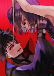 Rule 34 | 1boy, 1girl, black hair, cherrynouka3, crying, crying with eyes open, evil smile, highres, konan (naruto), labret piercing, looking at another, naruto (series), naruto shippuuden, purple hair, red eyes, scar, scar on face, sharingan, short hair, smile, tears, uchiha obito