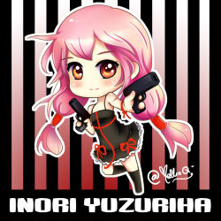 Rule 34 | 10s, 1girl, bare shoulders, character name, chibi, dual wielding, guilty crown, gun, hair ornament, hairclip, handgun, holding, long hair, looking at viewer, mellinq, pink hair, pistol, red eyes, solo, twintails, weapon, yuzuriha inori