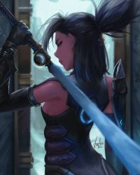 Rule 34 | 1girl, armor, ashera (xenoblade), ass, black hair, breasts, dark-skinned female, dark skin, hair ornament, highres, holding, holding weapon, looking at viewer, luxearte, ponytail, red eyes, shoulder armor, simple background, smile, teeth, weapon, xenoblade chronicles (series), xenoblade chronicles 3